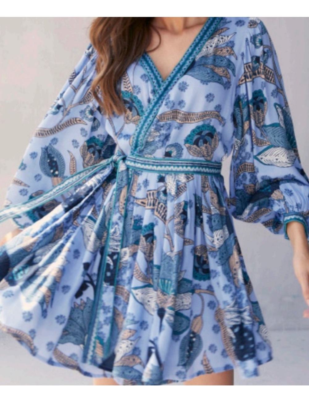 Omika Rae Blue Printed Boho Wrap Mini Dress